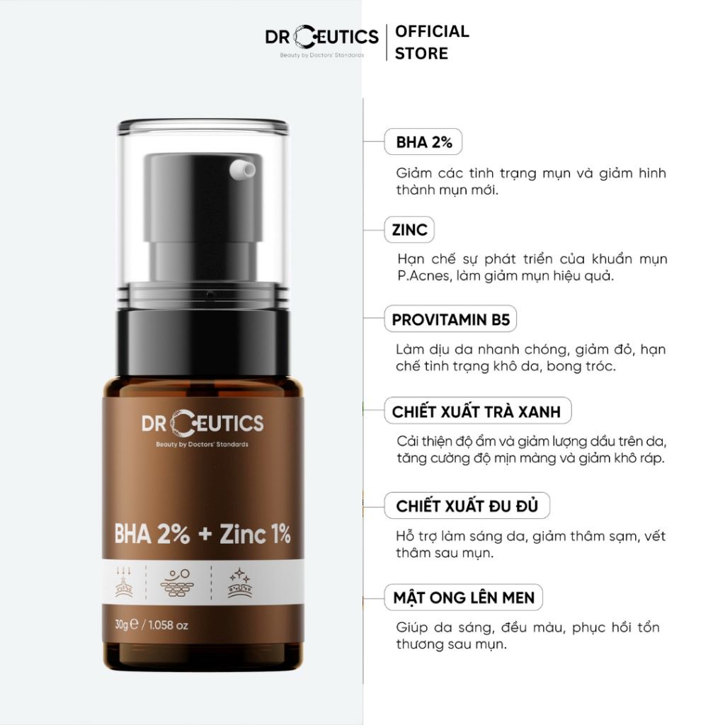 DrCeutics Serum BHA 2% + ZinC 1% 30ml và 100ml Giảm Mụn Và Giảm Sưng Mụn