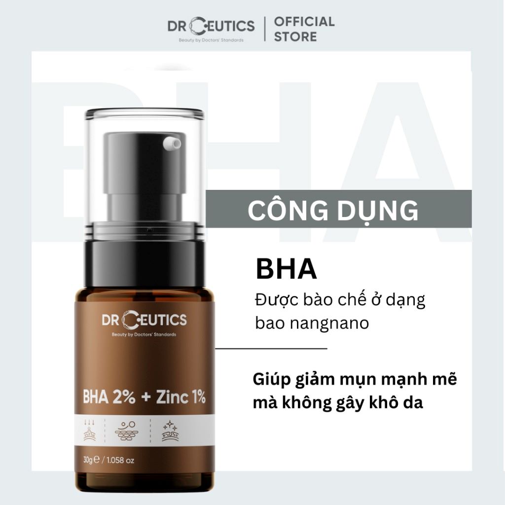 DrCeutics Serum BHA 2% + ZinC 1% 30ml và 100ml Giảm Mụn Và Giảm Sưng Mụn