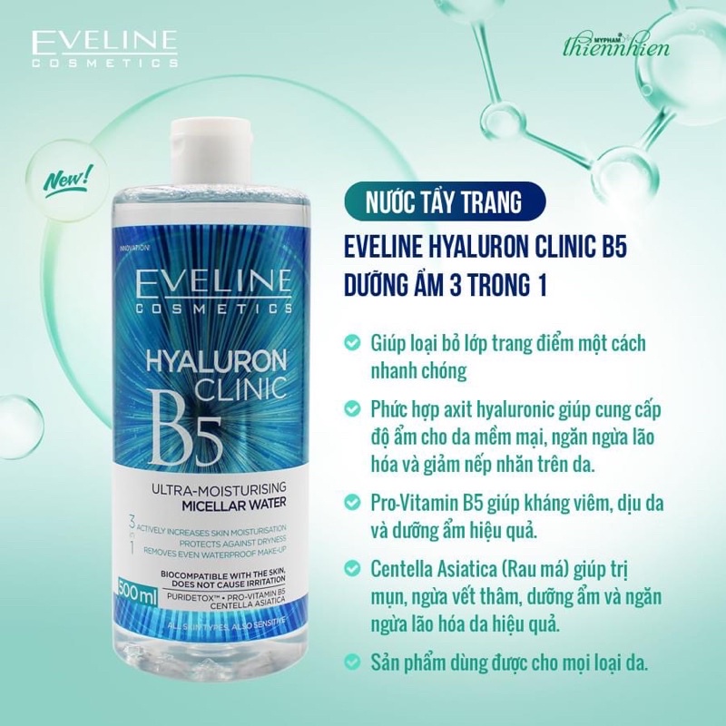 Nước Tẩy Trang Eveline Hyaluron Clinic B5 Ultra Moisturising Micellar Water Dưỡng Ẩm Cho Da 500ml