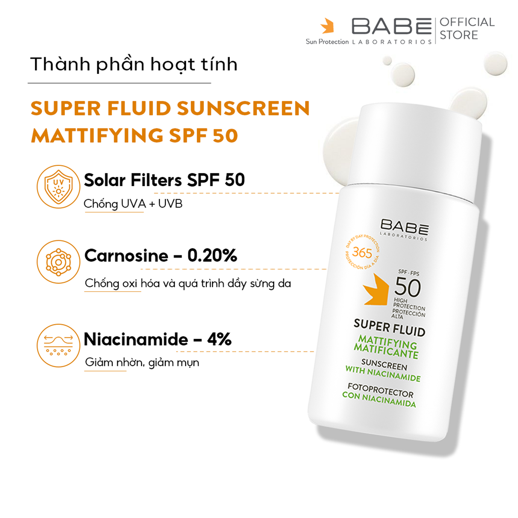 Kem chống nắng cho da dầu mụn Babe Super Fluid Mattifying Sunscreen SPF 50