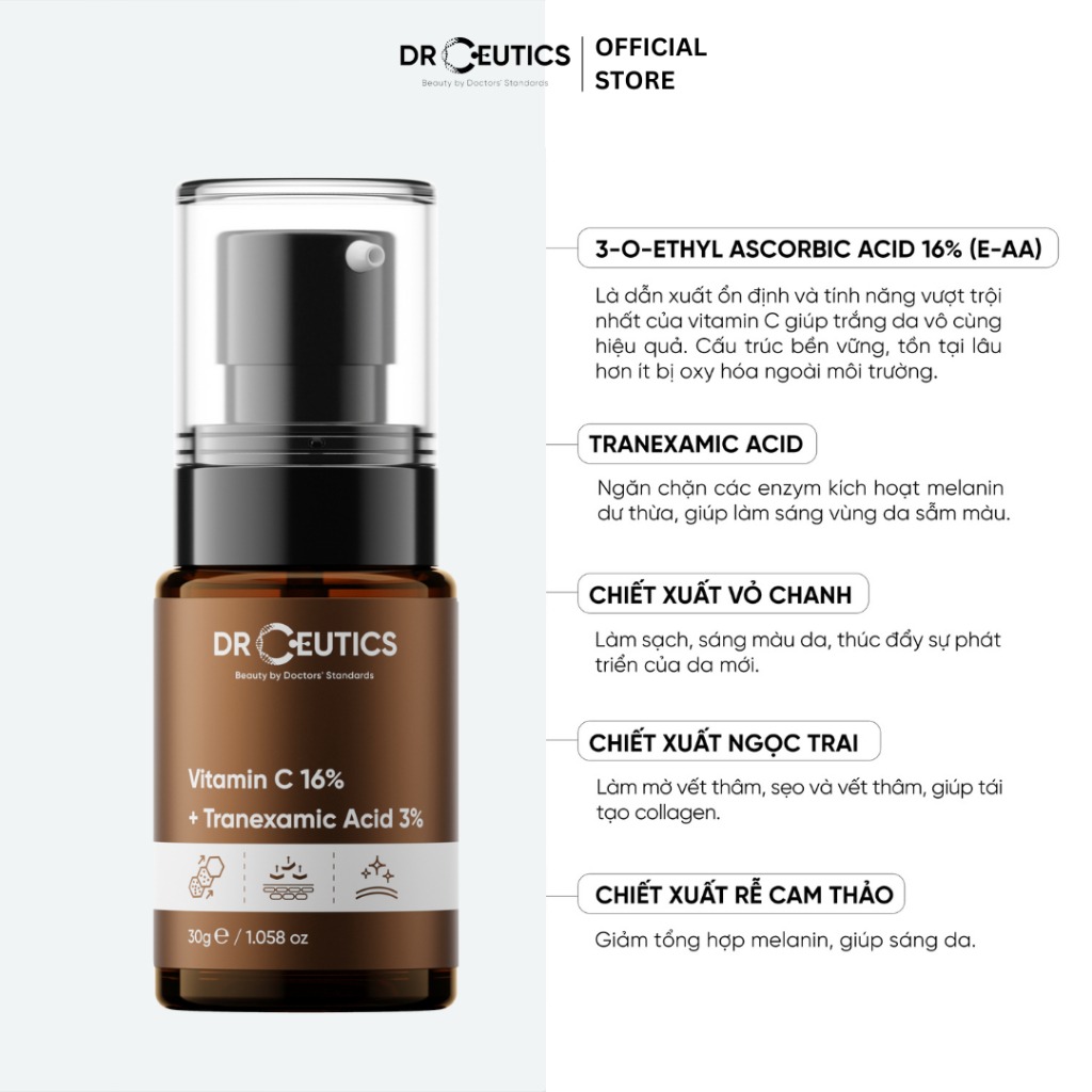 DrCeutics Serum Vitamin C 16% + Tranexamic Acid 3% 30ml Ngăn Ngừa Lão Hóa Và Làm Sáng Da